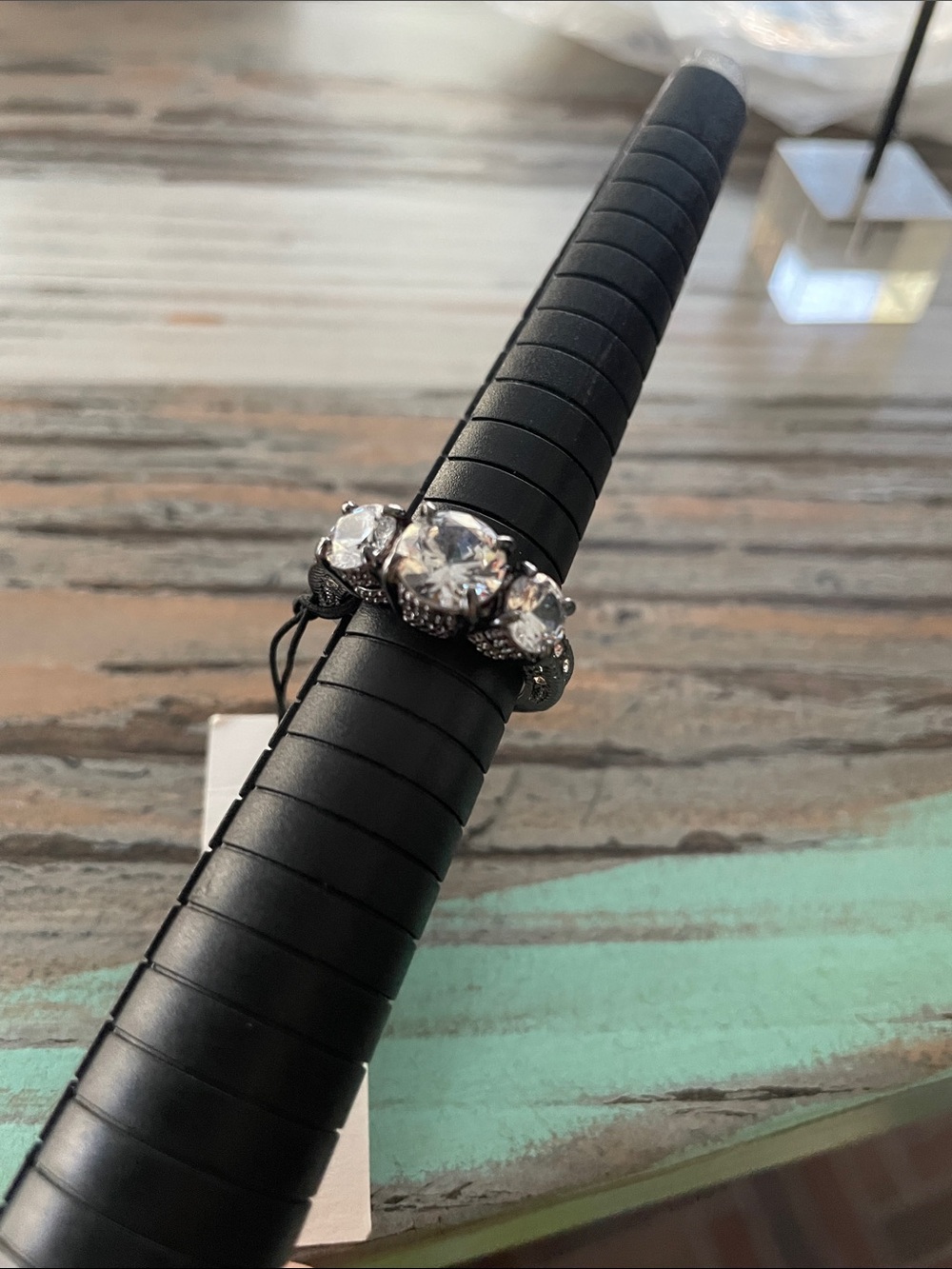 Betsey Johnson Gun Metal Three-Stone Clear Crystal Ring - Size 6-1/2